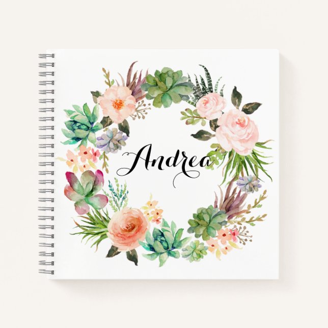 Boho Succulents Floral Wreath Customisable Notebook (Front)