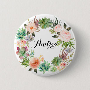Boho Succulents Floral Wreath Personalised 6 Cm Round Badge