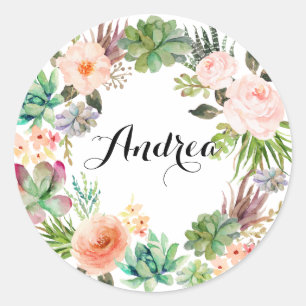Boho Succulents Floral Wreath Personalised Classic Round Sticker