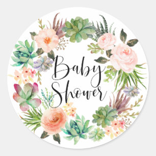 Boho Succulents Floral Wreath Summer Baby Shower Classic Round Sticker