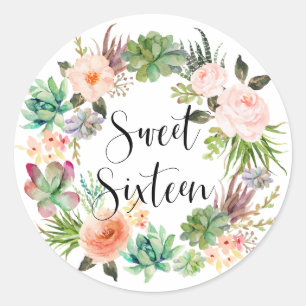 Boho Succulents Floral Wreath Sweet Sixteen Classic Round Sticker