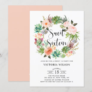 Boho Succulents Floral Wreath Sweet Sixteen Party Invitation