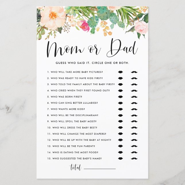 Boho Succulents Guess Who Mum or Dad Shower Game (Front)