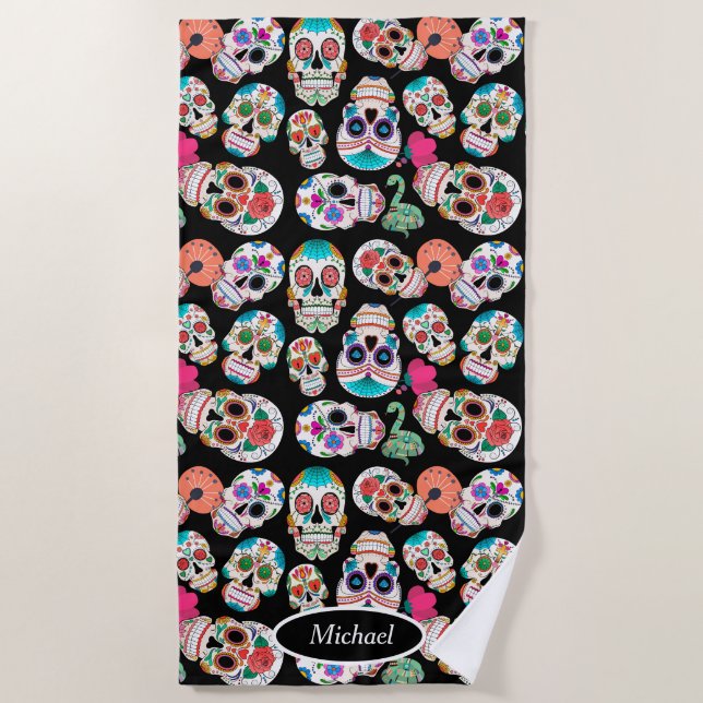Boho Sugar Skulls on Black Beach Towel (Front)