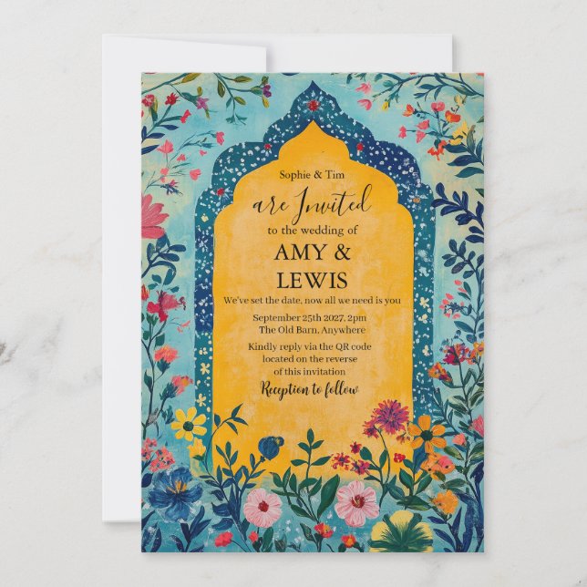 Boho Summer Blue Floral Wedding Invitation (Front)