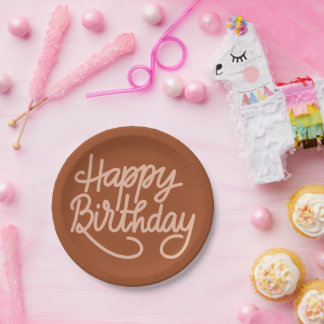 Boho Summer Brown Terracotta Trendy Happy Birthday Paper Plate
