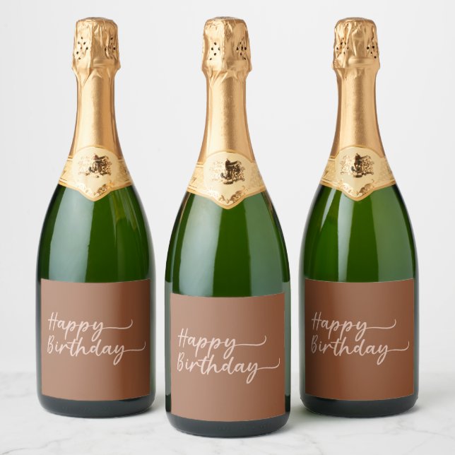 Boho Summer Brown Terracotta Trendy Happy Birthday Sparkling Wine Label (Bottles)