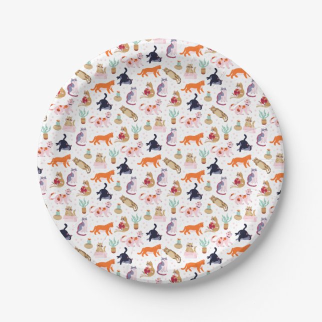 Boho Summer Cute Cats Green Cactus Paper Plate (Front)