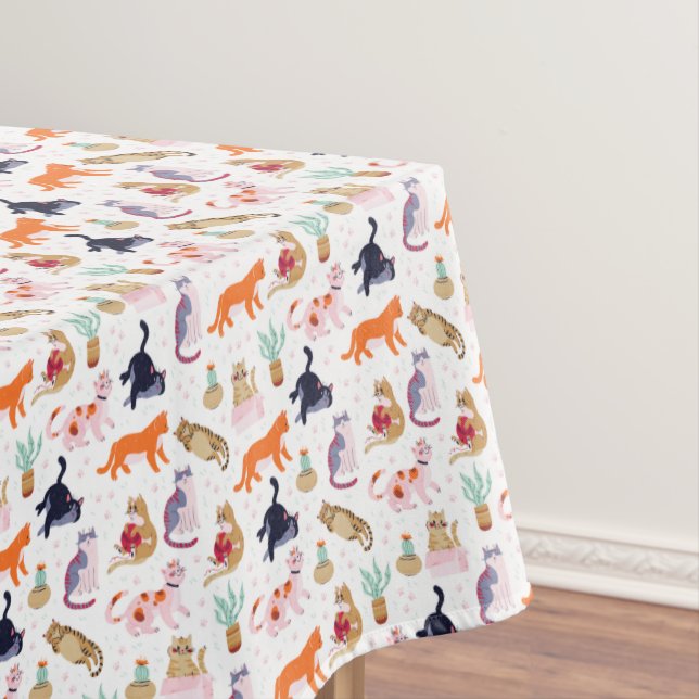 Boho Summer Cute Cats Green Cactus Tablecloth (In Situ)