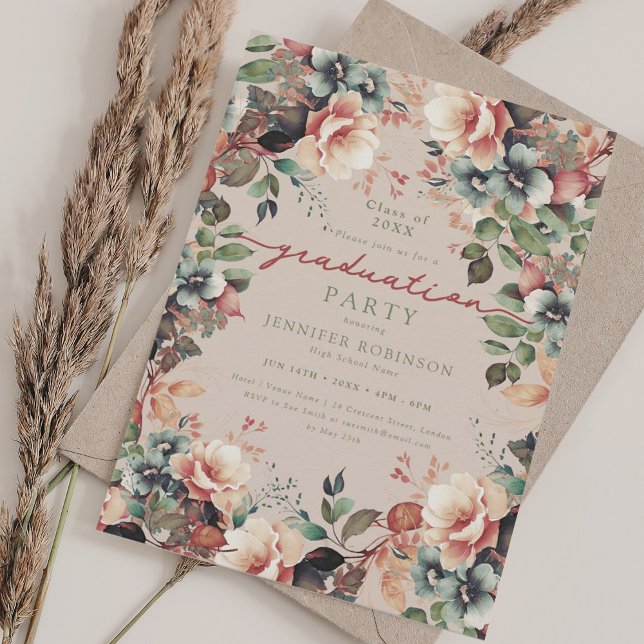 Boho Summer Floral Graduation Party Champagne  Invitation (Boho Summer Floral Graduation Party Champagne Invitation)