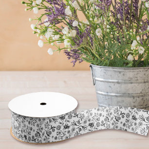    Boho Summer Floral Honey Bee Pattern White Cute Grosgrain Ribbon