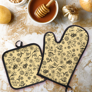 Boho Summer Floral Honey Bee Pattern Yellow Cute Oven Mitt & Pot Holder Set
