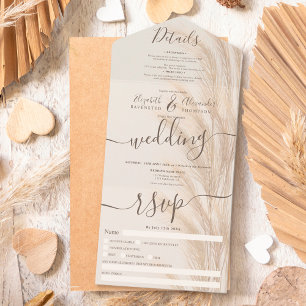 Boho summer pampas grass watercolor wedding all in one invitation