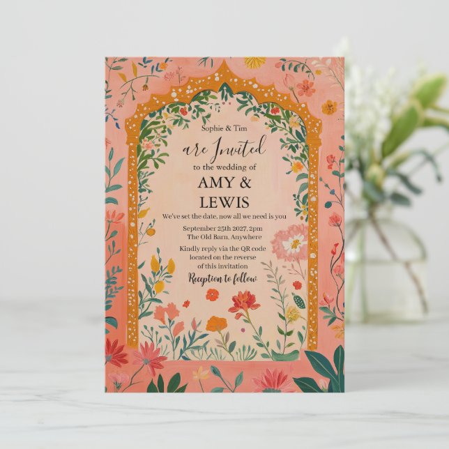 Boho Summer Pink Floral Wedding Invitation (Standing Front)