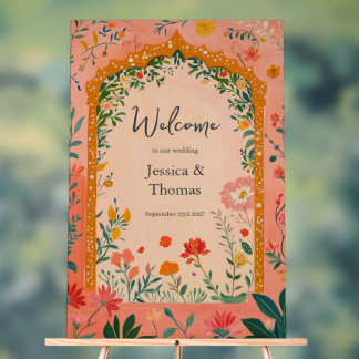 Boho Summer Pink Floral Wedding Welcome Acrylic Sign