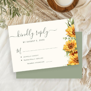 Boho summer sunflower garden sage green wedding RSVP card