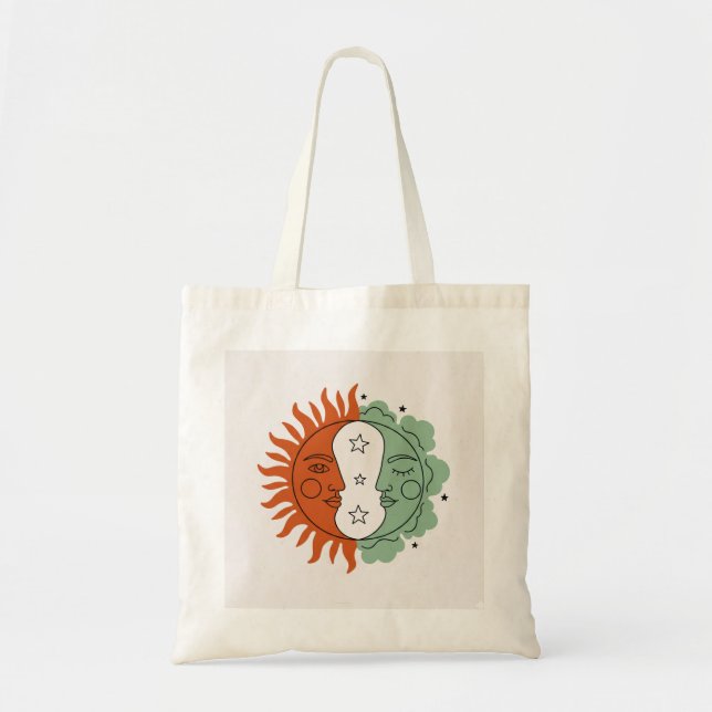 Boho Sun and Moon Face Terracotta Sage Green Art Tote Bag (Front)