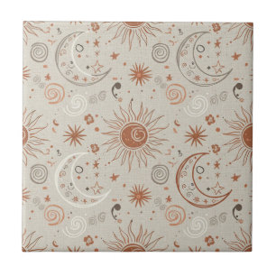 Boho Sun and Moon Pattern Ceramic Tile