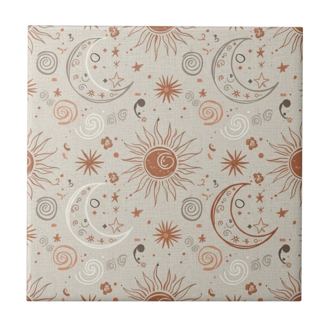 Boho Sun and Moon Pattern Ceramic Tile (Front)