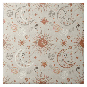 Boho Sun and Moon Pattern Ceramic Tile