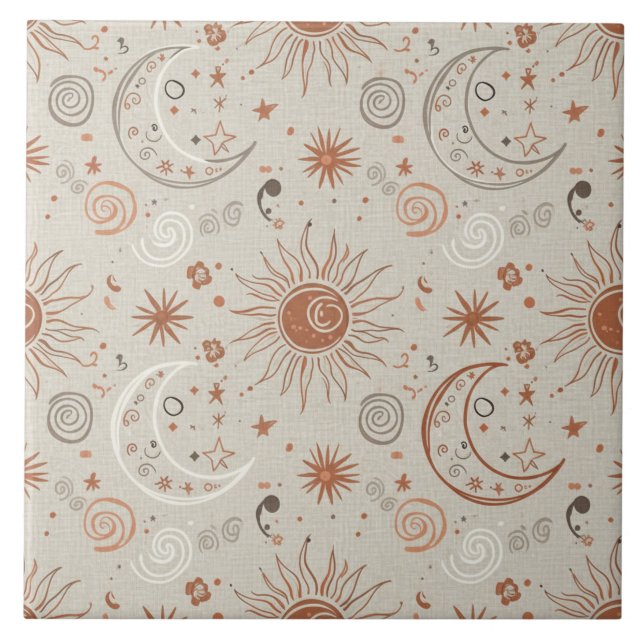 Boho Sun and Moon Pattern Ceramic Tile (Front)