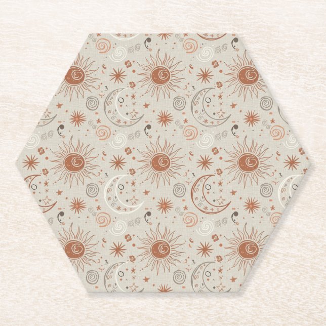 Boho Sun and Moon Pattern Paper Coaster (Front)