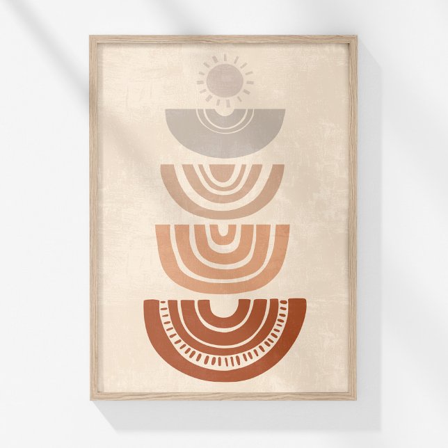 Boho Sun Arch Abstract Neutral Wall Art Print (Boho Muted Neutral Abstract Sun and Shapes Art Poster in a wooden frame on a sunny white wall.)