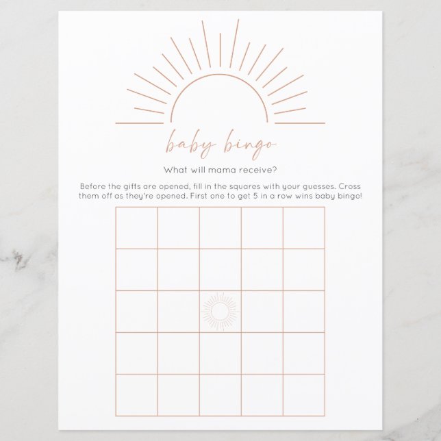 Boho Sun Baby Shower Bingo Game (Front)