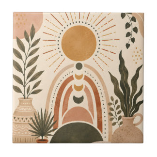 Boho Sun & Botanical Art Ceramic Tile