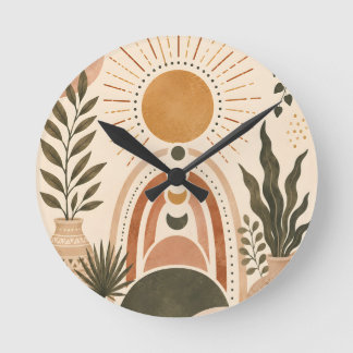 Boho Sun & Botanical Art Round Clock