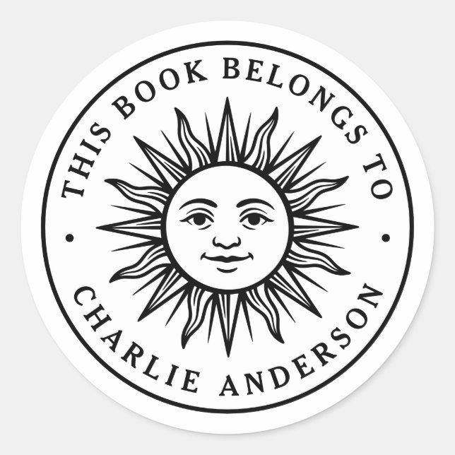 Boho sun character bookplate library book sticker (Front)