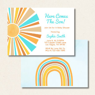Boho Sun, Here Comes The Son, Blue Orange Rainbow Invitation