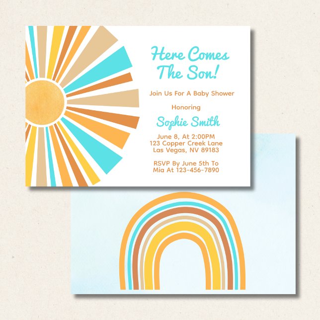 Boho Sun, Here Comes The Son, Blue Orange Rainbow Invitation (Creator Uploaded)