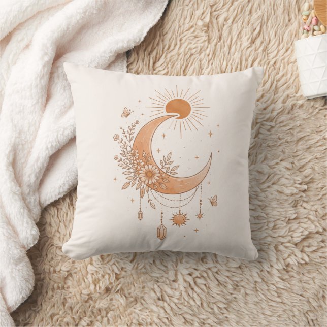 Boho Sun & Moon Floral Throw Pillow (Blanket)