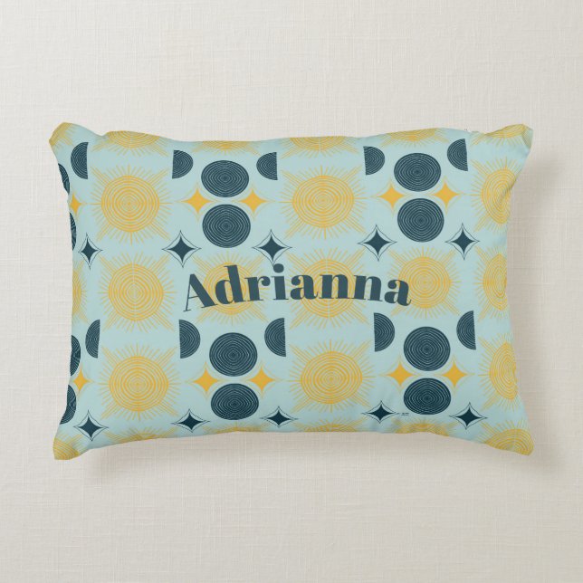 Boho Sun Moon Stars Baby Blue Yellow Personalised Decorative Cushion (Front)