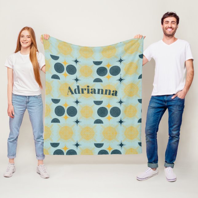 Boho Sun Moon Stars Baby Blue Yellow Personalised Fleece Blanket (In Situ)
