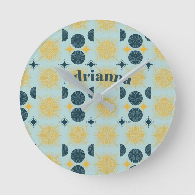 Boho Sun Moon Stars Baby Blue Yellow Personalised Round Clock (Front)