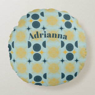 Boho Sun Moon Stars Baby Blue Yellow Personalised Round Cushion