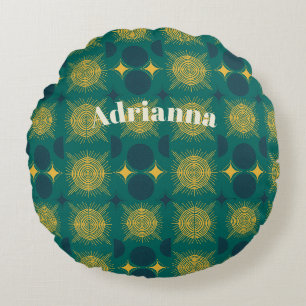 Boho Sun Moon Stars Baby Teal Yellow Personalised Round Cushion