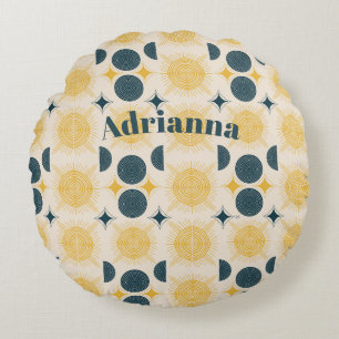 Boho Sun Moon Stars Blue Yellow Personalised Round Cushion