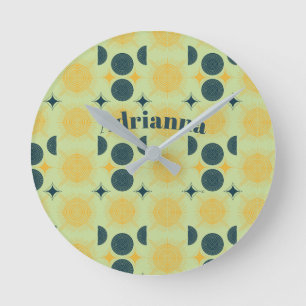 Boho Sun Moon Stars Mint Blue Yellow Personalised Round Clock