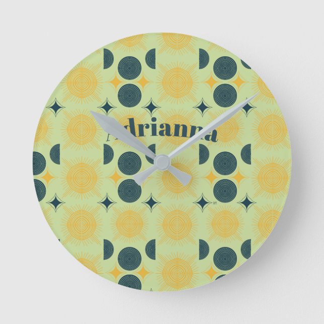 Boho Sun Moon Stars Mint Blue Yellow Personalised Round Clock (Front)