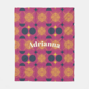 Boho Sun Moon Stars Pink Blue Yellow Personalised Fleece Blanket
