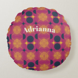Boho Sun Moon Stars Pink Blue Yellow Personalised Round Cushion