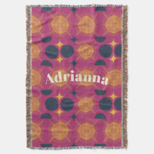 Boho Sun Moon Stars Pink Blue Yellow Personalised Throw Blanket