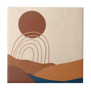 Boho Sun Rainbow Landscape Rust Tan Blue Brown Ceramic Tile