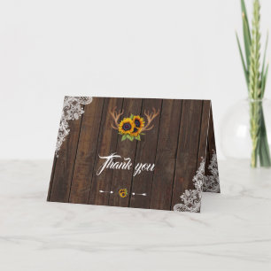 Boho Sunflower Antlers Wood Lace Wedding Thank you Card