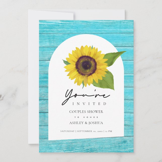 Boho Sunflower Arched Teal Wood Couples Shower Invitation (Front)