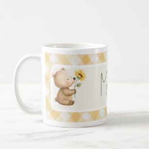 Boho Sunflower Bear Yellow Bow Gingham Name Coffee Mug