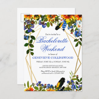 Boho Sunflower Blue Bachelorette Weekend Itinerary Invitation Postcard